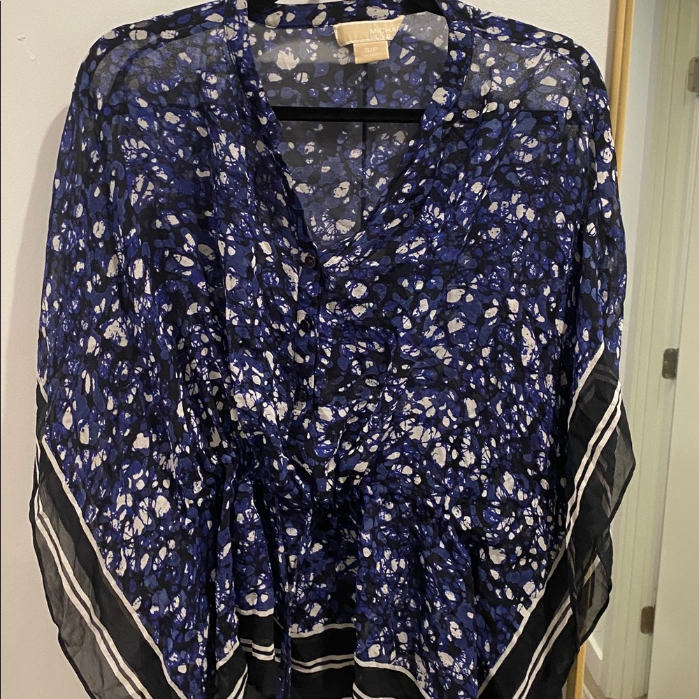 MICHAEL Michael Kors Blue and White Patterned Blouse Cinched Waist top - small